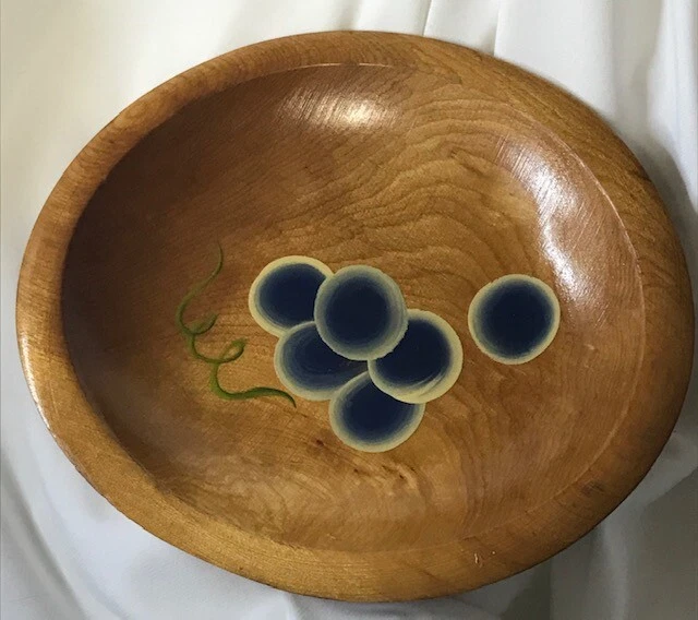 Vintage Folk Art~Hand Turned, Hand Painted Grapes~Wooden Bowl/Dish