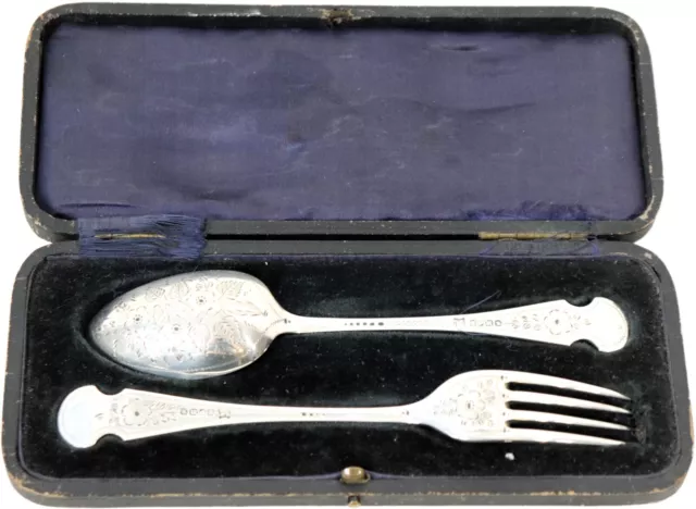 Pretty Victorian Silver Bright Cut Christening Spoon & Fork 1892, Boxed