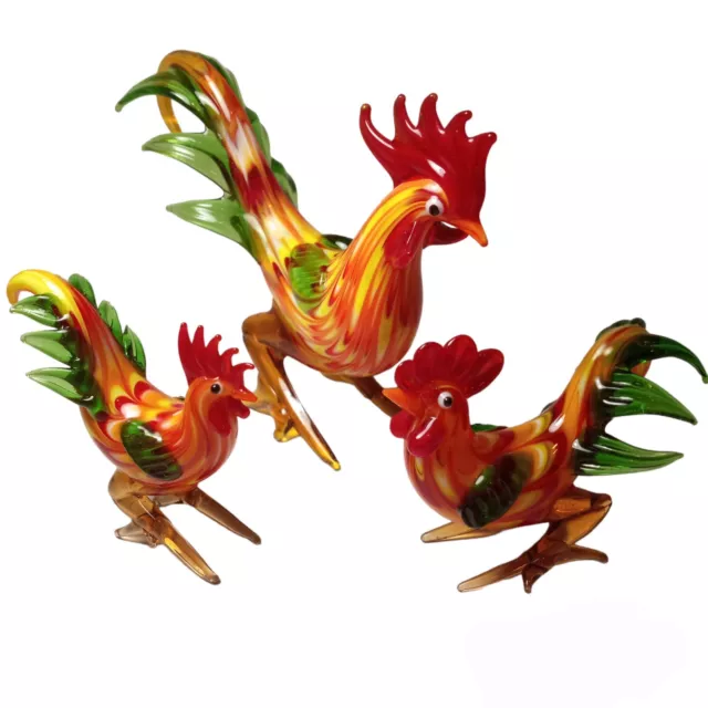 3 Roosters Murano Style Hand Blown Art Glass Figurine Chicken