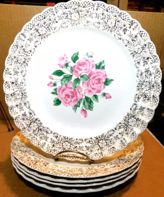Plates~Sebring Pottery Co. 9 3/4" x 1" China Bouquet Roses 22K Set of 5