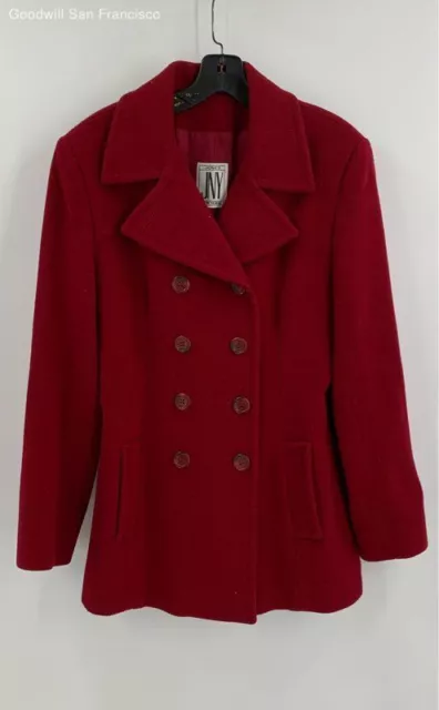 Jones New York Womens Red Wool Long Sleeve Regular Fit Button Front Pea Coat