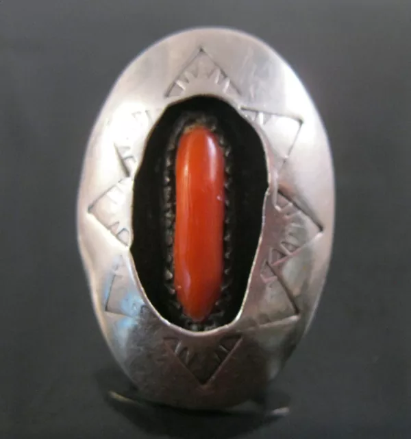 Vintage Native American Red Coral Shadow Box Stamped Sterling Silver Ring Size 4