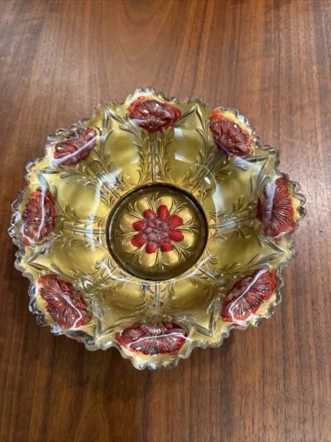 Antique Goofus Glass 7” Bowl Great Condition Sawtooth Ruffled Edge Red Flowers