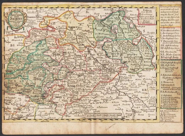 SACHSEN REISEKARTE POSTKARTE Thüringen Anhalt map Karte Schreiber 1750 ...