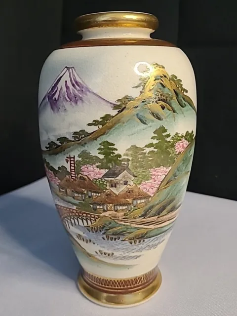 Satsuma 7 1/2 Inch Japanese Vase Bamboos Houses Mountain
