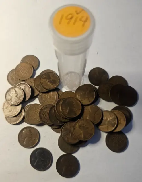 1914 Lincoln Wheat Penny Roll 50 Coins Avg Circ Copper  (WE COMBINE SHIPPING)