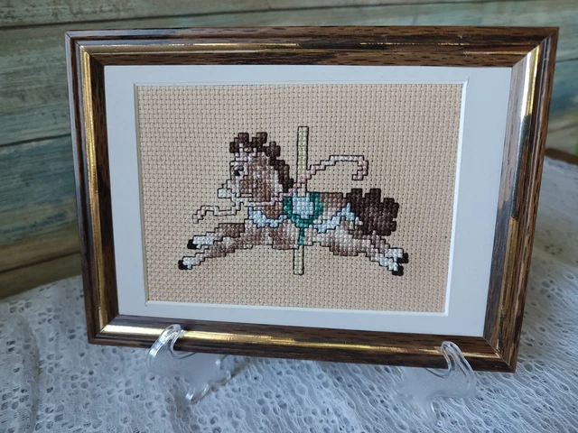 "Pequeño Vintage Enmarcado Carrusel con Aguja Caballo Pony Marrón Rosa Verde 7"" X 5"