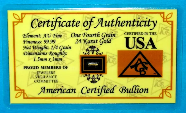 👍 1/4 Grain 999 Gold Bar, American Certified Bullion, Sealed On A Coa Card.