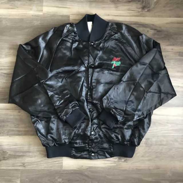 Vintage Cherry 7Up Black Satin Bomber Jacket Soda Promo Made In USA Size XL