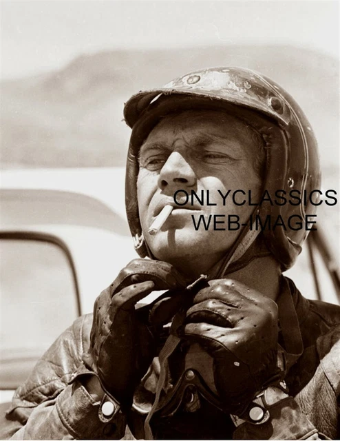 STEVE MCQUEEN MOTORCYCLE RACING 8.5x11 PHOTO SMOKING CIGARETTE OPEN FACE HELMET