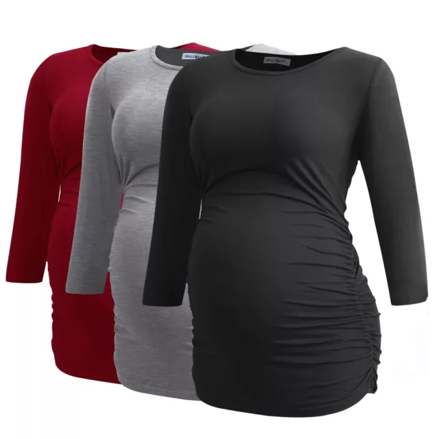 Smallshow Womens Maternity Tunic Tops Clothes 3/4 Sleeve Ruched Pregnancy Shirt