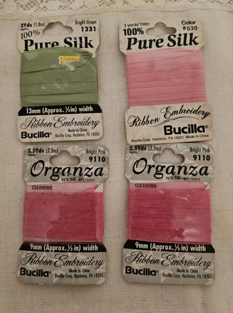 4 cintas de bucilla para bordar seda y organza de 2,5 a 3 yardas ea NUEVO DE NUEVO rosa y verde