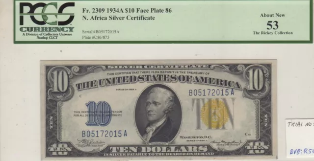 North Africa $10 Silver Certificate Rare Face Plate 86 Pcgs 53 Rickey Trial Note