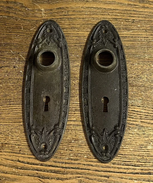 Pair Antique Heavy Fancy Cast Iron Chicago Niles Door Plates, c1900
