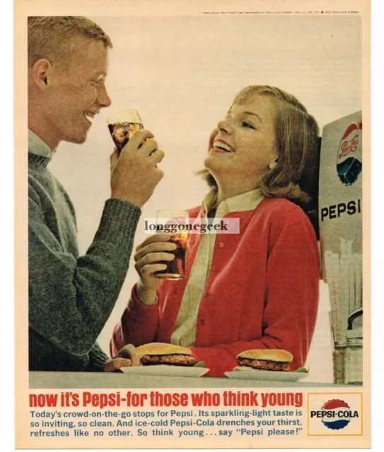 1965 Pepsi-Cola Teens Enjoying at Soda Fountain Think Young VINTAGE Print Ad
