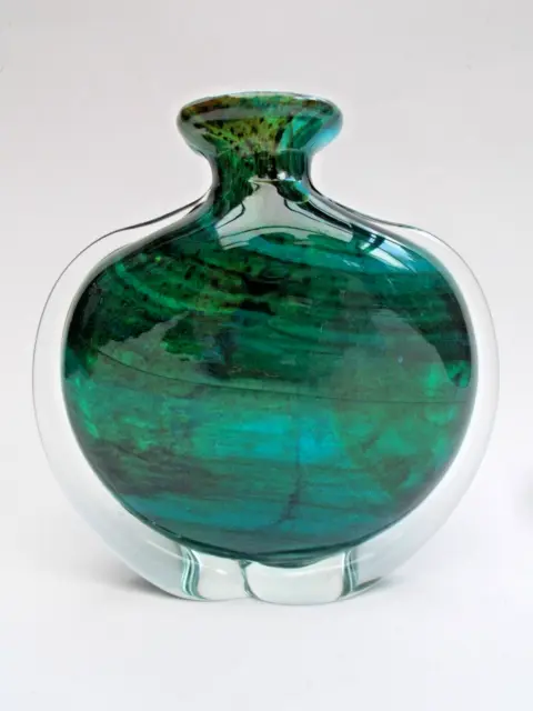 Early Mdina Side Stripe Glass Vase Button Rim Michael Harris c.1970 Malta MCM