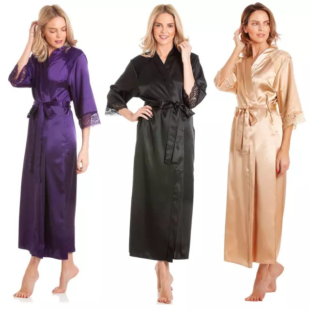 Ladies Long Satin Dressing Gown Lace Detail Women's Robe Wrap Size UK 10-24 NEW