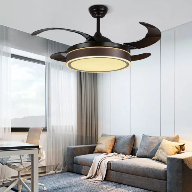 42in Retractable Ceiling Fan Light Dimmable LED Chandelier Lamp w/Remote Control