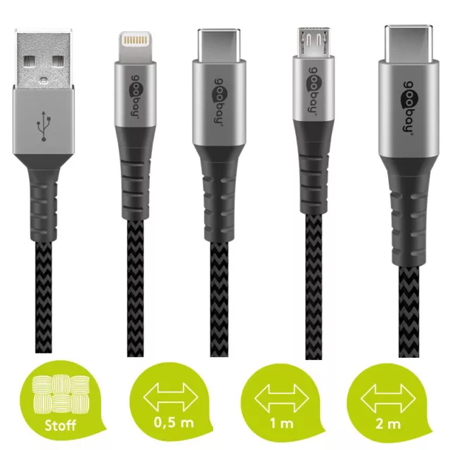 USB Ladekabel Datenkabel Textilkabel Micro-USB USB-C Apple Lightning 0,5m 1m 2m