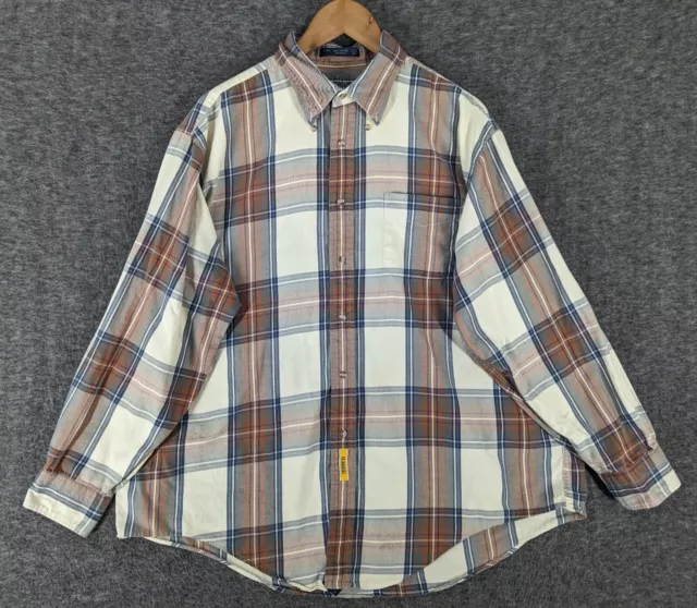 BD Baggies Shirt Mens XLarge Beige Brown Blue Plaid Button Up Long Sleeve Casual