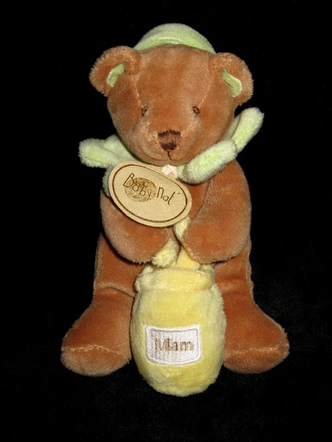Doudou hochet grelot Ours marron vert pot de miel jaune Miam Babynat' Baby Nat'