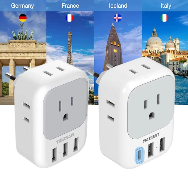 POWER PLUG ADAPTER with 4 Outlet 3USB for US Travel to Spain Italy