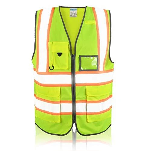 High Visibility Safety Vest with Pockets, Mic Tab, Reflective Strips and