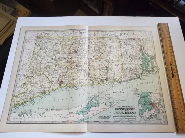 Connecticut & Rhode Island - Original 1902 Map by The Century Co. RI Antique