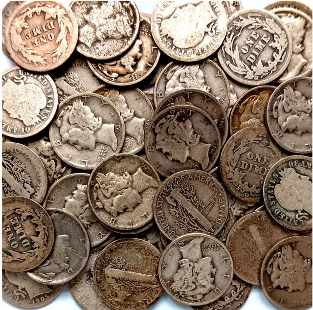 90% Silver PDS 10 Cents Roll: 1918 - 1945 Mercury + 10 DIFFERENT Barber Dimes