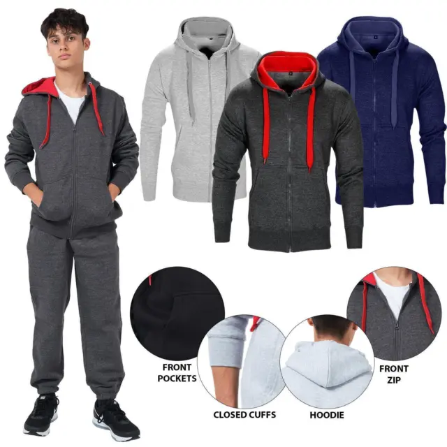 Hombre Chándal Set Polar Top con Capucha Y Pantalones Joggers Gimnasio Contraste