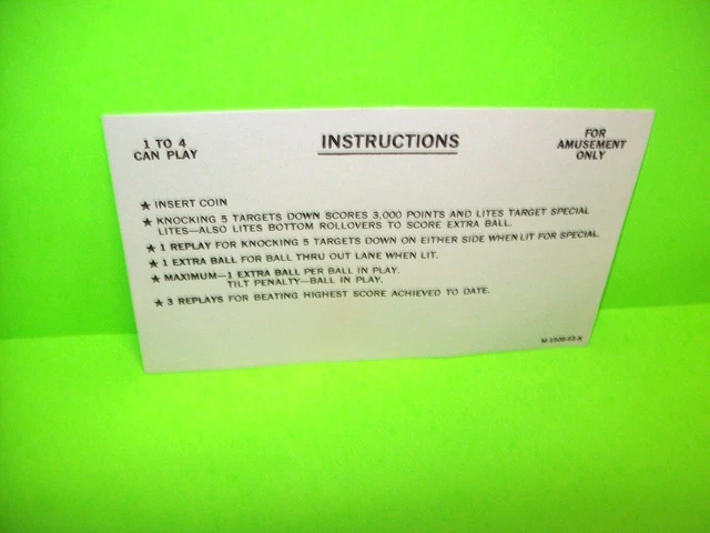 NIGHT RIDER Original Flipper Game Pinball Machine Instruction Card #2