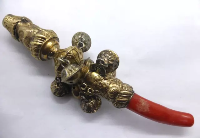 Large Antique Georgian Circa 1780 Silver Gilt Coral Baby Rattle Teether Whistle