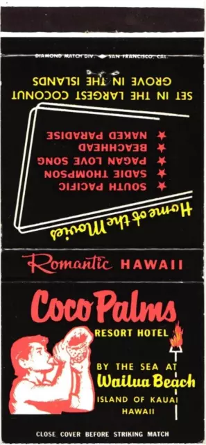 Coco Palms Resort Hotel at Wailua Beach Hawaii Vintage Matchbook Cover
