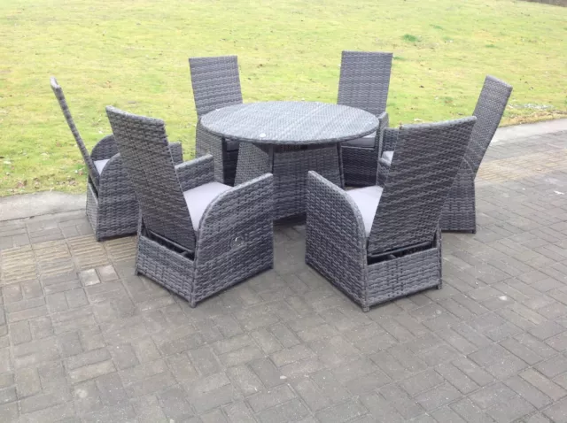 6 Seater round reclining rattan dining set outdoor garden furniture mixed grey