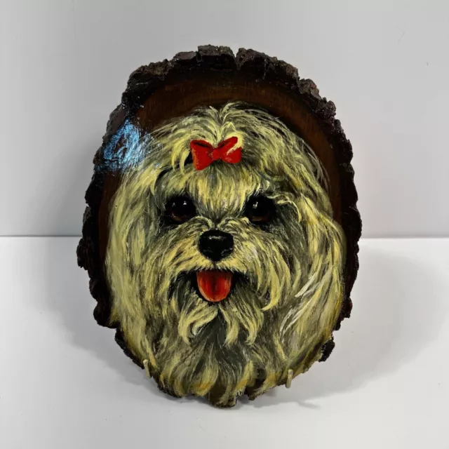 Vintage Yorkie Yorkshire Terrier Dog Puppy Figure Wood Wall Plaque Signed