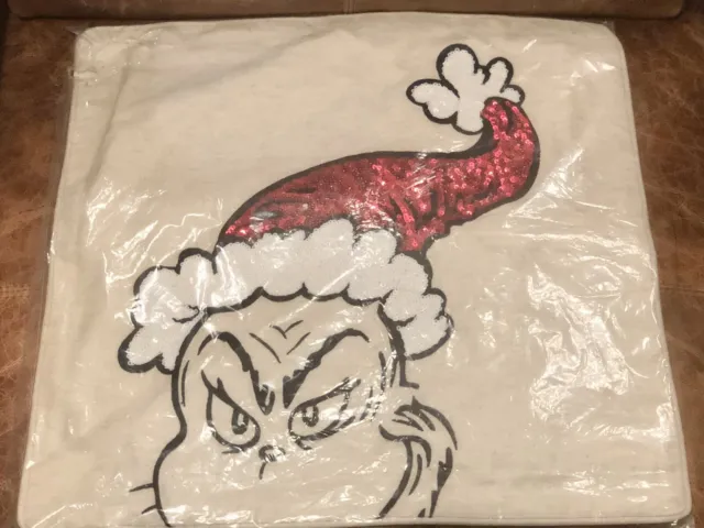 Pottery Barn Teen Dr Seuss The Grinch Face Red Sequin Hat Christmas Pillow Cover