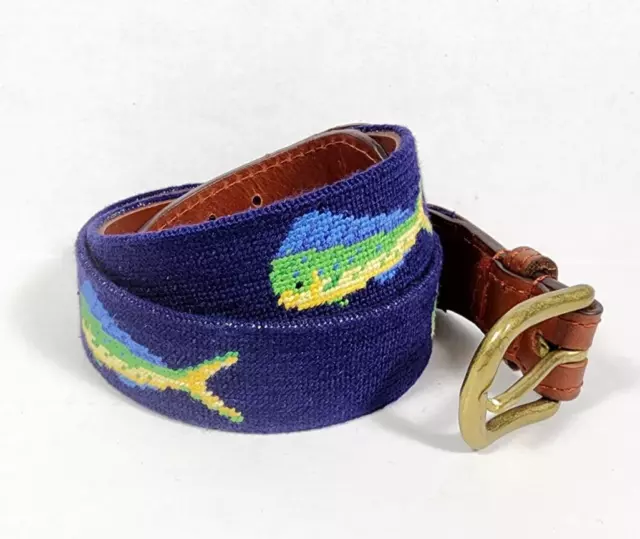 Smathers & Branson Belt 32 Mahi Mahi Leather Hand Stitched Needlepoint Blue Fish