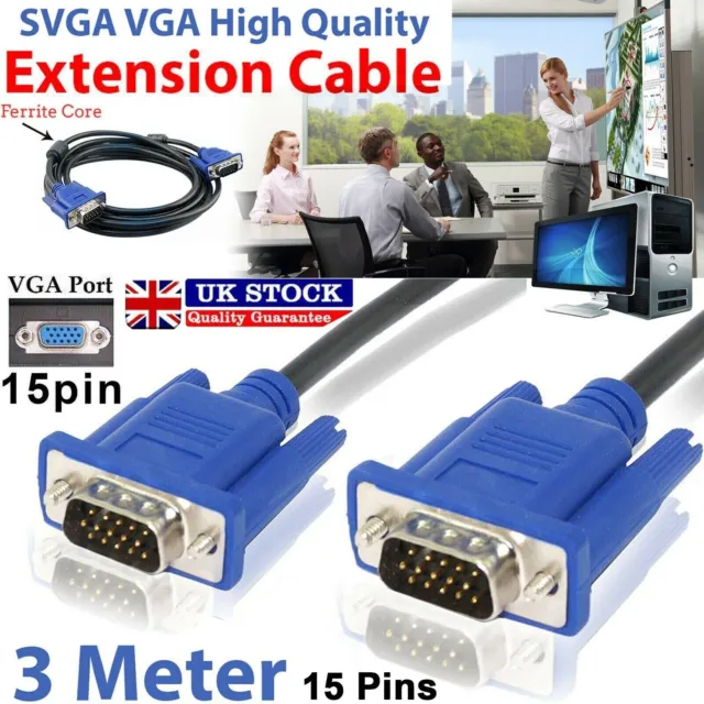 3 Metre Vga/Svga 15 Pin Male To Male Pc Monitor Tv Lcd Led Tft Cable Lead