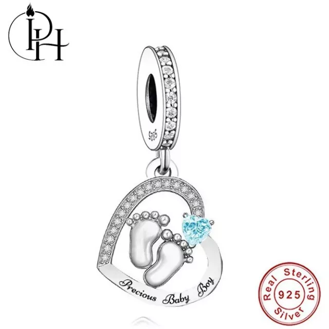 Baby Boy Feet Charm Precious Newborn Baby Shower Dangle Footprint 925 Silver