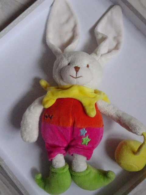 Doudou Lapin Lutin Baby Nat Hochet Orange Fuschia Vert Avec Balle Jaune  35 Cm