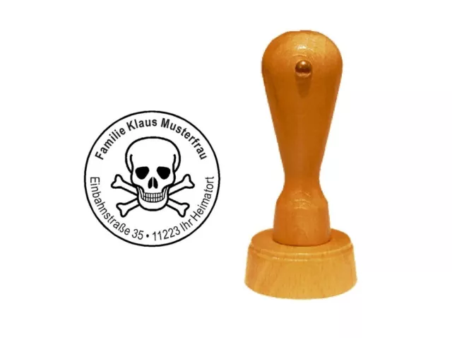 Totenkopf Stempel Adressstempel mit Motiv und Adresse Holz Rundstempel Ø 40 mm