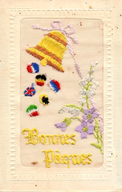 Bonnes Paques: Happy Easter: Patriotic Eggs & Bell Ww1 Embroidered Silk Postcard