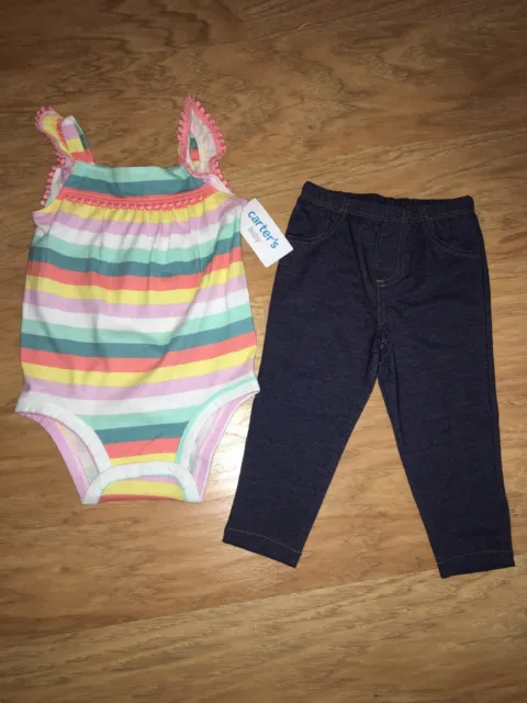 Carter’s 2 Piece Set Jean Leggings Pants Bodysuit Baby Girl Size 12m outfit NWT