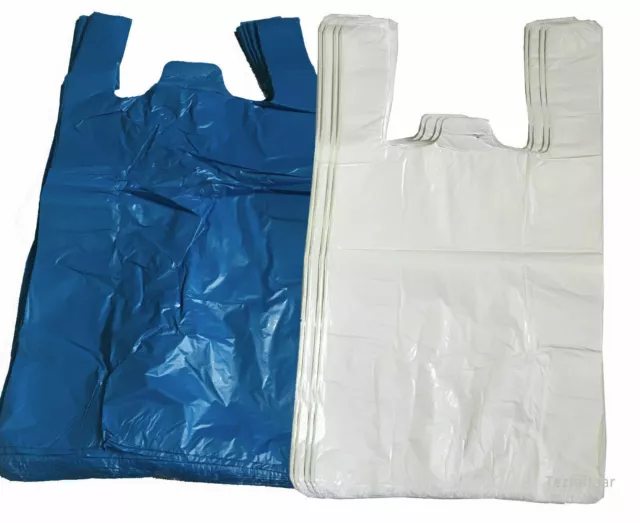 White or Blue Plastic Carrier Bags Strong Medium Vest Shops Stalls Supermarkets