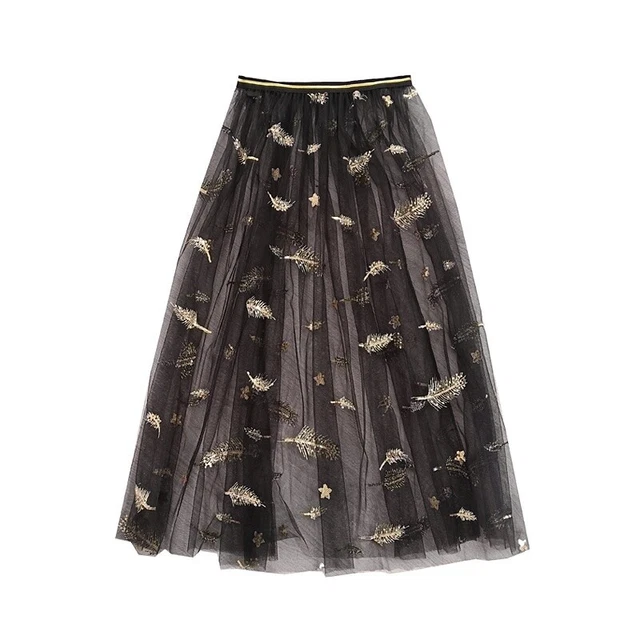 Rete con Paillettes Ricamo Gonna IN Pizzo Trasparente Tulle