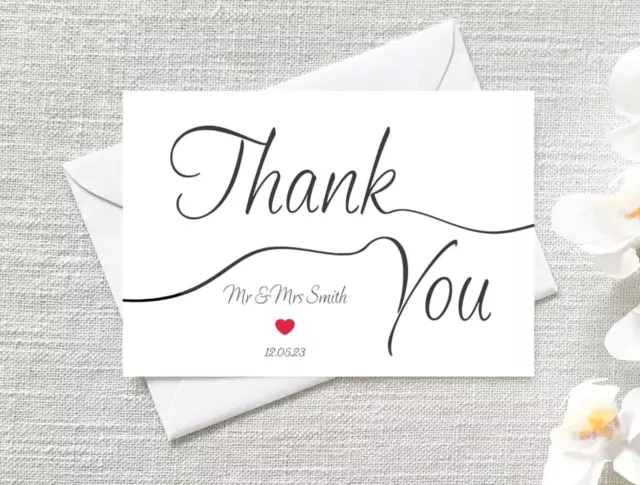 Personalised Pack of 12 Stylish Wedding Thank You Cards With Envelopes