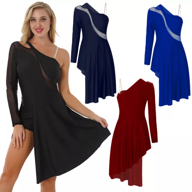 Womens Mesh One Shoulder Lyrical Ballet Dance Dress Split Asymmetrical Dancewear