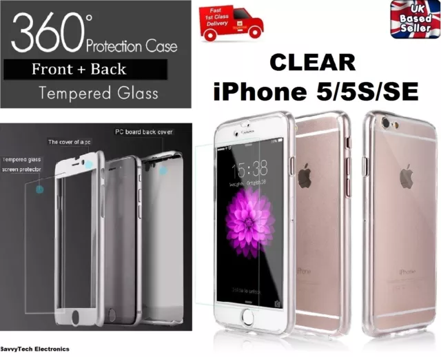 NEW HYBRID 360° HARD ULTRA THIN CASE + TEMPERED GLASS for iPhone 5/5S/SE CLEAR