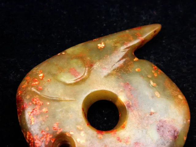 Old Nephrite Jade Stone Carved HongShan Culture Monster Head w/ Horn  #10312307 2