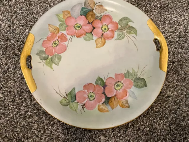 Vintage Decorative Hand Painted 10.5" Handled Plate Pink Flowers Made in Germany